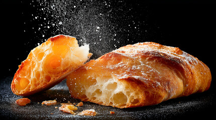 Freshly baked ciabatta bread with flour sprinkle