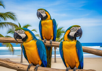 Three Macaw Parrots on Beach