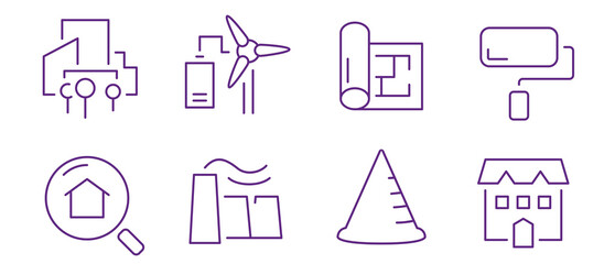 Collection of modern icons representing real estate, construction, and energy solutions.