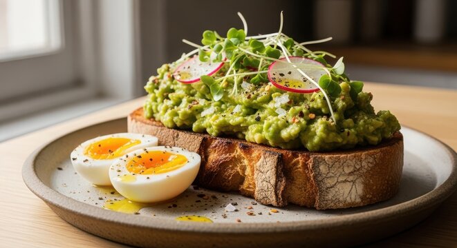 Delicious avocado toast with boiled egg and radish on a rustic plate