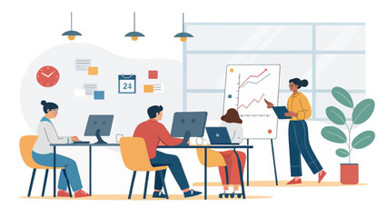 Diverse team collaborating in a modern office, analyzing data on a whiteboard, reflecting teamwork, business growth, and productivity.