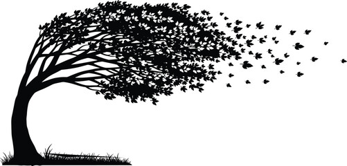 Wind‑blown tree silhouette icon with bending trunk, streaming leaves, and grassy base for seasonal nature designs