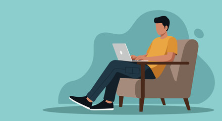 Man works remotely on laptop in a comfortable armchair, perfect for modern home office and flexible digital lifestyle.