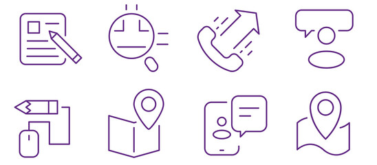 Collection of icons representing business communication, planning, and navigation.