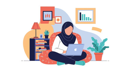 Woman in hijab works or studies on a laptop from home, illustrating remote productivity, online learning, or digital business in a cozy setting.