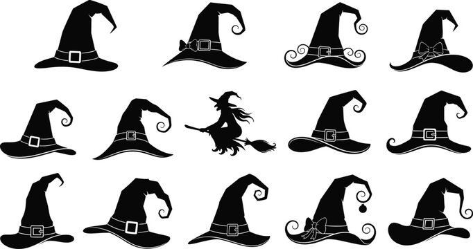 Witch hat silhouette set with 15 unique designs and central witch on broom for Halloween themes