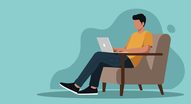 Man works remotely on laptop in a comfortable armchair, perfect for modern home office and flexible digital lifestyle.