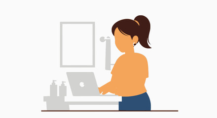 Fototapeta premium Woman working on laptop in a casual home setting, reflecting modern remote work and digital lifestyle. Ideal for business, technology, and personal productivity concepts.