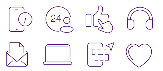 Collection of modern outline icons representing communication, customer service, and social media engagement.