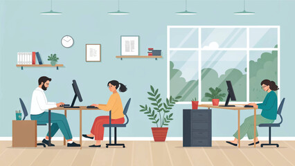 Professionals work diligently in a bright, contemporary office setting. Illustrates teamwork, efficiency, and comfortable work environments.