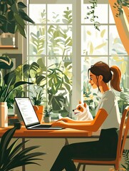 female marketer doing work on a laptop at home with a dog by her side, cartoon style