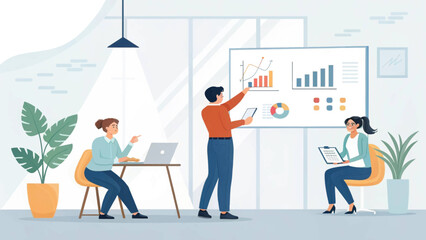 Business team collaborates in a modern office, analyzing data and discussing strategy during a presentation. Ideal for corporate, teamwork, and finance themes.