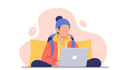 Focused person in casual attire using a laptop, leaning on a pillow. Ideal for concepts of remote work, online learning, or digital nomad lifestyle.