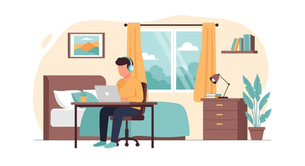 Young person working remotely on a laptop at home, wearing headphones for focused productivity. Ideal for modern lifestyle, remote work, and online education concepts.
