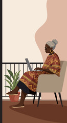Elegant senior Black woman working remotely on a laptop from her home balcony, embodying modern independent living and digital nomad lifestyle.