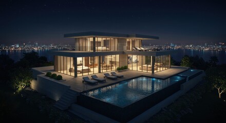 Obraz premium Modern villa at night with pool overlooking the city