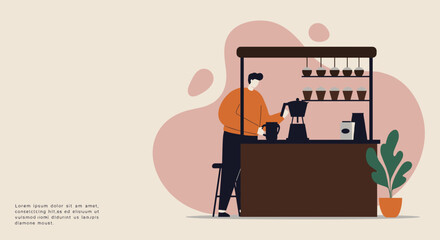 Man preparing coffee at a modern cafe stand. Ideal for concepts of coffee culture, small business, hospitality, and daily routines.