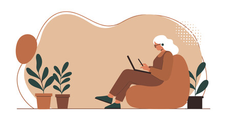 Woman comfortably working from home on a laptop, using a stylus. Ideal for concepts of remote work, online learning, creativity, or digital freelance.