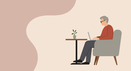 Mature man focused on his laptop in a cozy setting, ideal for remote work, learning, or comfortable digital engagement.