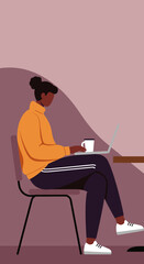 Focused person working remotely on a laptop, enjoying a coffee. Represents productivity, online learning, and modern flexible work lifestyle.