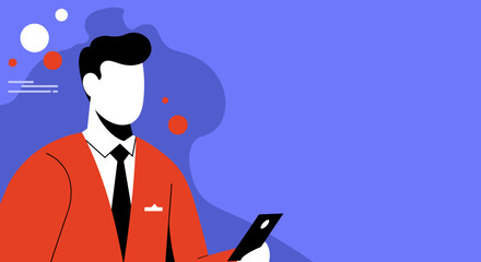 Professional illustration of a man in a business suit using a smartphone. Concept of modern communication, digital business, and corporate lifestyle.