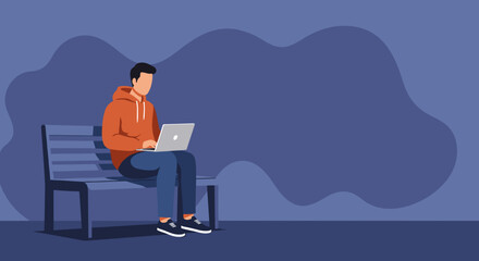 Modern person in a hoodie using a laptop while sitting on a bench, representing remote work, online learning, and digital lifestyle flexibility.