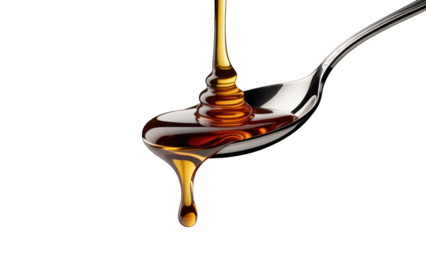 Dripping syrup forms liquid layers on a silver spoon, black backdrop