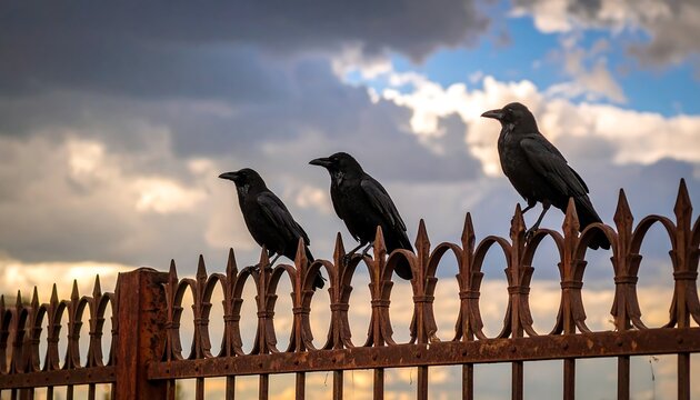 Three crows perched on an ornate rusty fence against a dramatic sky