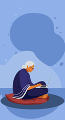 Elderly woman sits comfortably, using a laptop. Depicts seniors embracing technology, digital learning, and online connectivity at home.