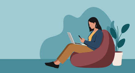 Woman comfortably working remotely with laptop and phone on a beanbag. Perfect for depicting modern flexible work, digital communication, and online lifestyle.
