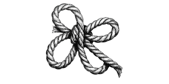 Hand drawn sketch of a strong brown twisted jute rope with a knotted loop isolated on white