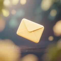 Golden envelope floats gently, symbolizing communication and connection with soft bokeh lights