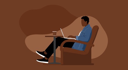 Man working on laptop with coffee in a relaxed cafe or home setting. Ideal for remote work, study, and leisure concepts.
