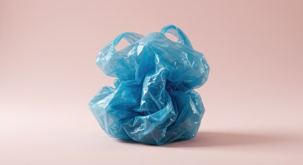 Fototapeta premium A crumpled, vibrant blue plastic bag sits centered against a soft, pastel pink backdrop. Its handles are visible, indicating its prior use and crumpled nature