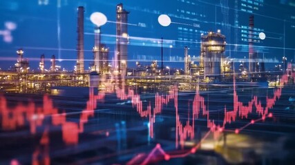 Oil Refinery at Night with Stock Market Graph Overlay - Industry & Finance