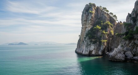 High-angle view of dramatic Karst Limestone Towers rising from turquoise sea, showcasing a serene and peaceful mood under a bright, partly cloudy sky.