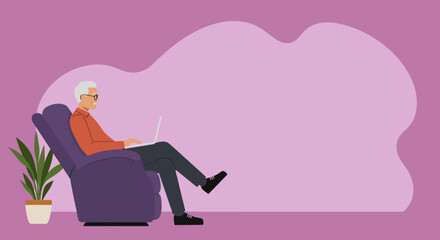 Smiling senior man comfortably uses a laptop in a recliner chair, depicting modern elder living, online connectivity, and comfortable remote work or leisure.