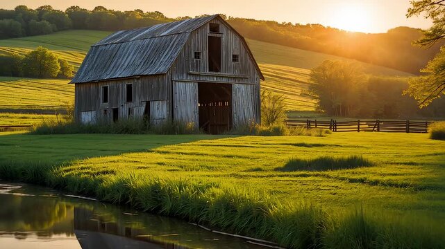 Rustic wooden barn standing on green farmland near pond with beautiful sunset lighting in countryside landscape