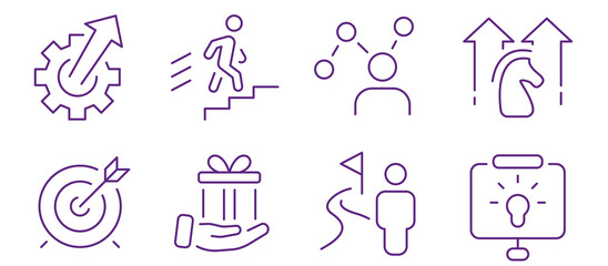Collection of business growth and success icons representing strategy, progress, and goals.