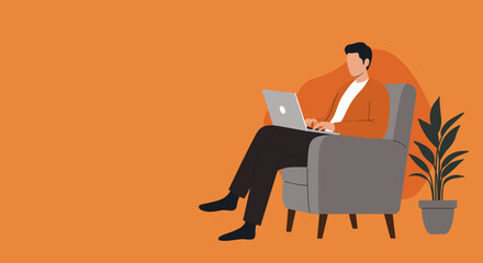 Man comfortably working or studying from home with a laptop in a cozy armchair, ideal for remote work, education, or leisure concepts.