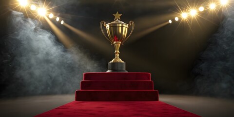 Golden trophy on a red carpet under spotlights, symbolizing victory and success
