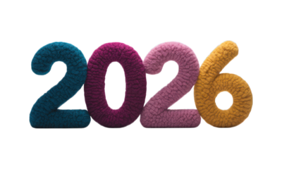 Fluffy, colorful 2026 text art against a black background