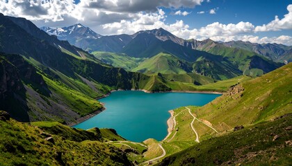 A breathtaking alpine lake nestled amongst verdant hills and towering mountains under a vibrant sky.