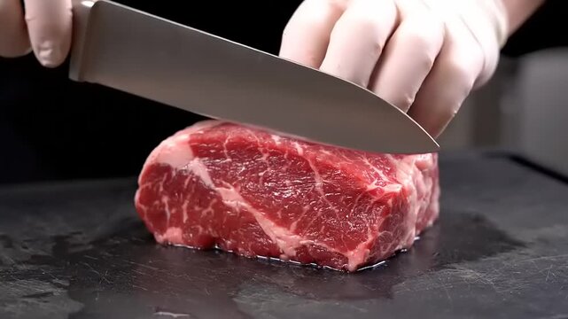 Close-up of a chefs gloved hands preparing raw beef steak, ready to be sliced for cooking. High-quality food photography perfect restaurant menus, culinary blogs, or cookbooks.