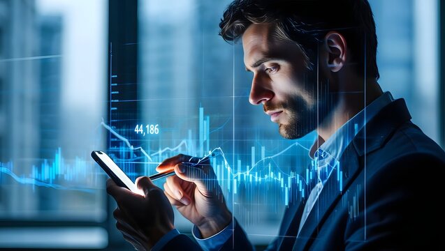 Man analyzing stock market data on smartphone investment analysis financial technology