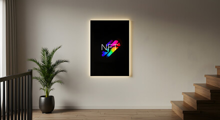 Contemporary Home Interior Showcasing a Backlit NFT Digital Art Piece with Rainbow Hues, Complementing a Green Potted Plant and Sleek Wooden Staircase
