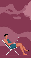 Man relaxes in lounge chair while working remotely on laptop. Represents flexible work, digital nomad lifestyle, and modern career.