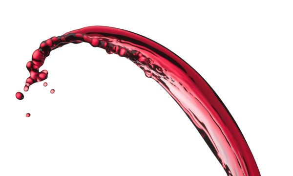 Curving crimson liquid splash frozen mid-air, isolated against a black background