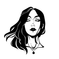 Head of a girl with flowing hair. Black silhouette on a white background