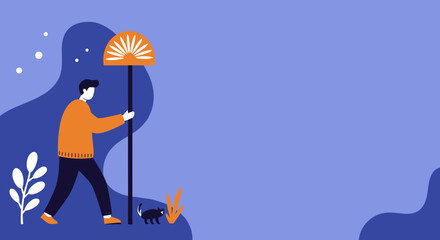 Modern flat illustration of a man strolling with his cat, holding a decorative lamp post. Ideal for lifestyle, urban living, and background designs.